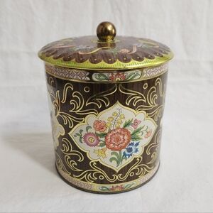 Vintage Daher Brown with Pink Roses Gold Scrolls Biscuit Tin